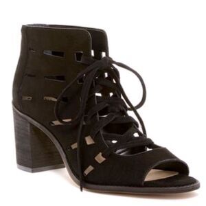 Vince Camuto Tressa Lace-Up black leather suede Sandals block heel 9.5W